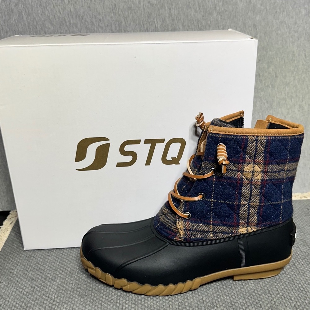 STQ Womens Duck Boots Plaid Quilted Waterproof Winter Ankle Boots Navy Tan